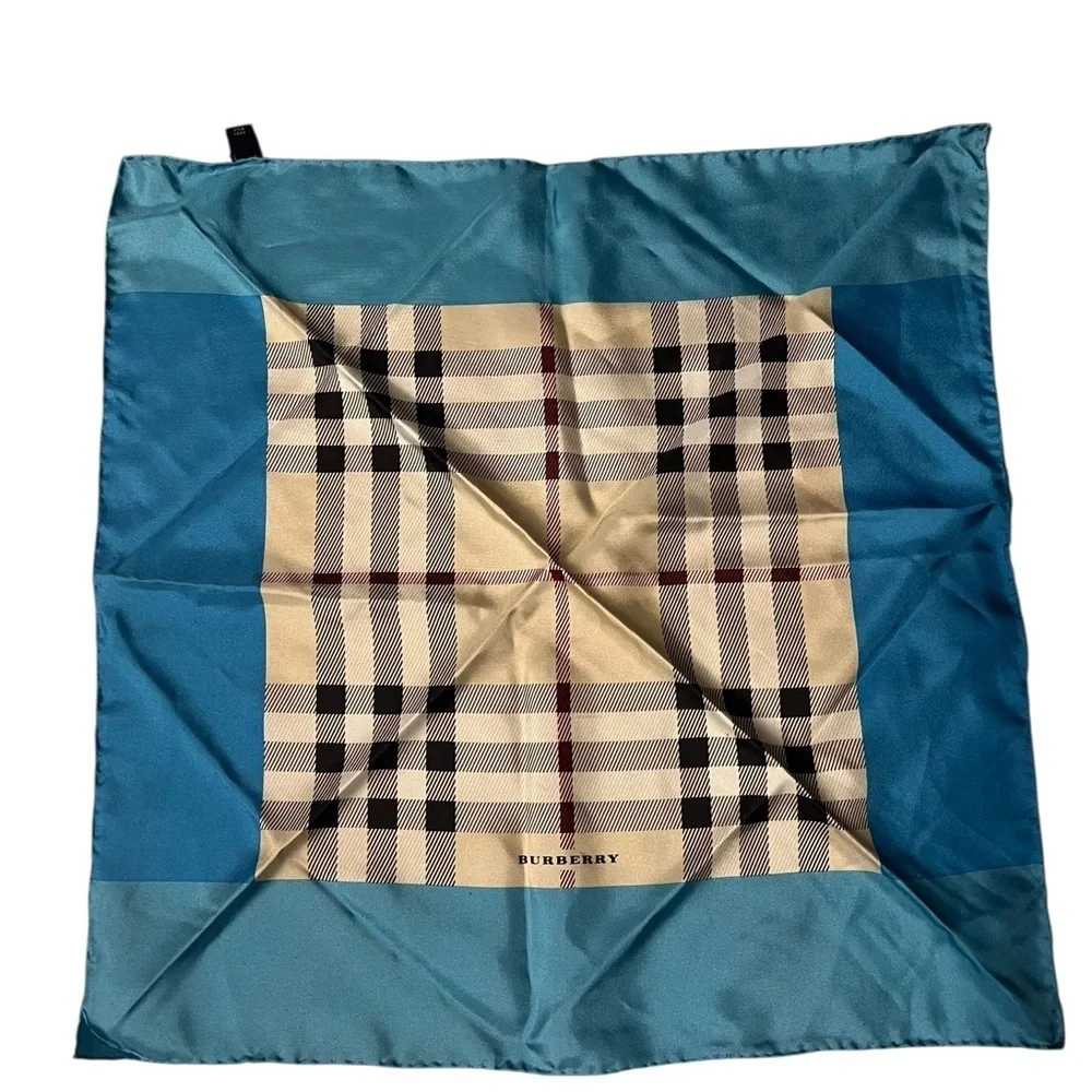 Burberry Teal and Beige Checkered Silk Scarf